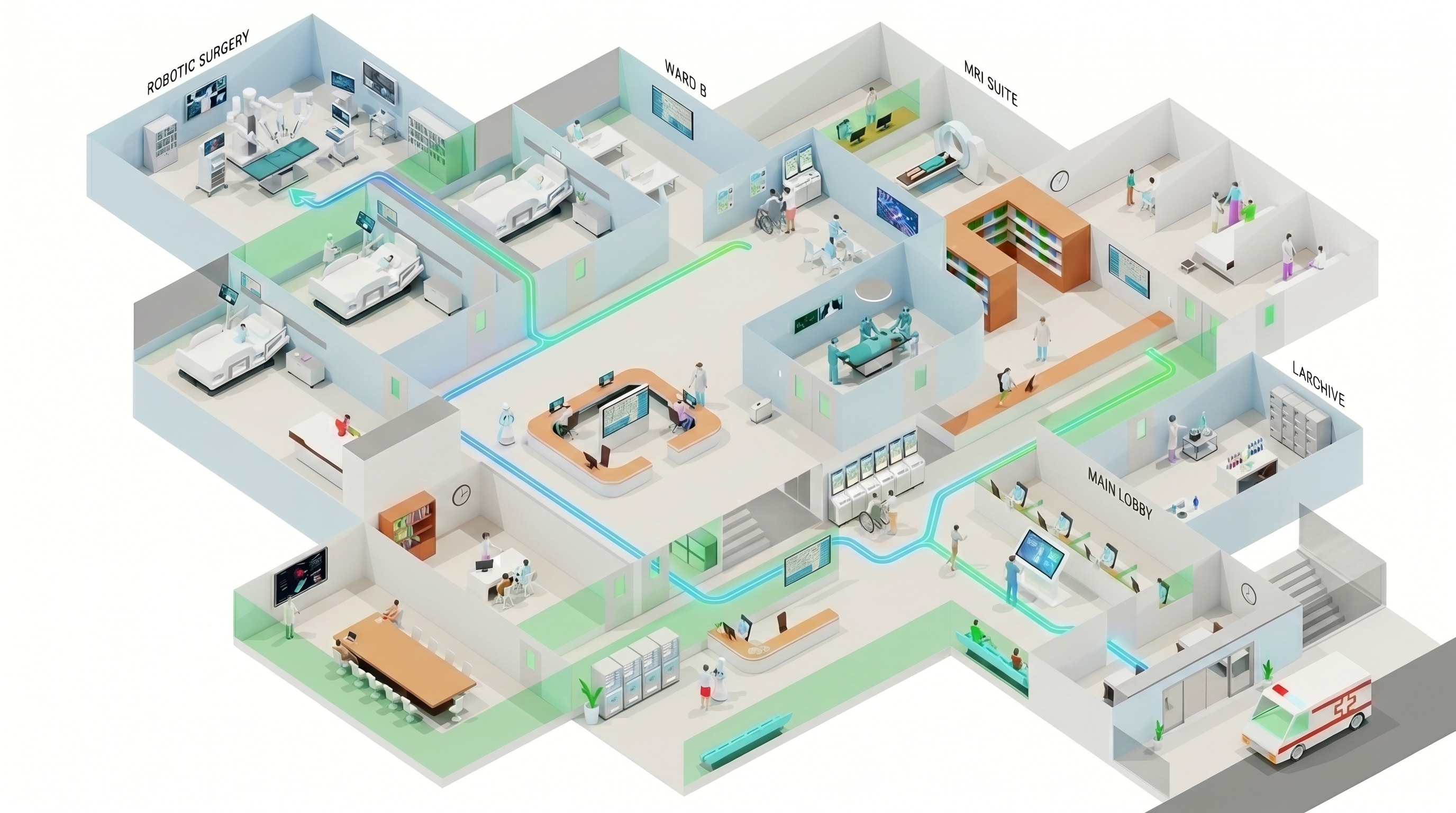 Plan 3D isométrique d'un hôpital — chambres, blocs opératoires, suite IRM, laboratoire, accueil, avec un itinéraire balisé entre les services