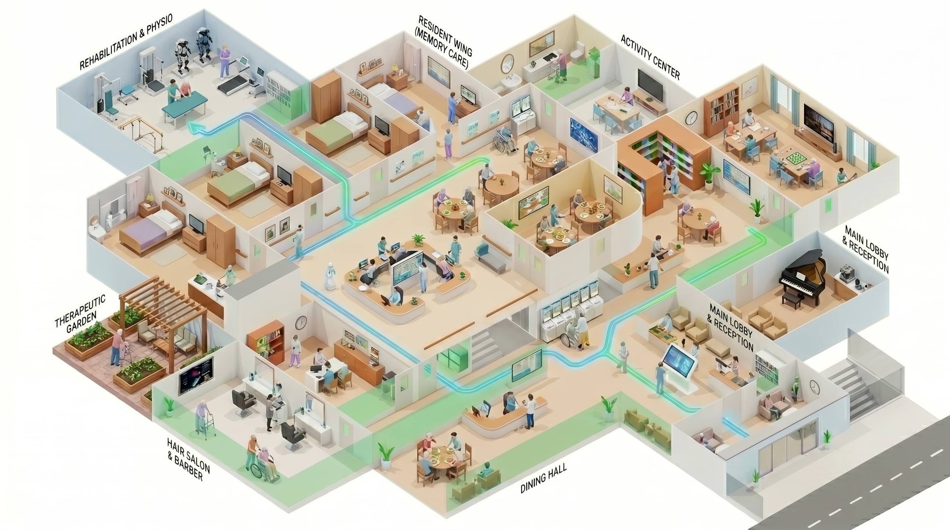 Plan 3D isométrique d'un EMS — aile mémoire, centre d'activités, jardin thérapeutique, salon de coiffure, hall principal